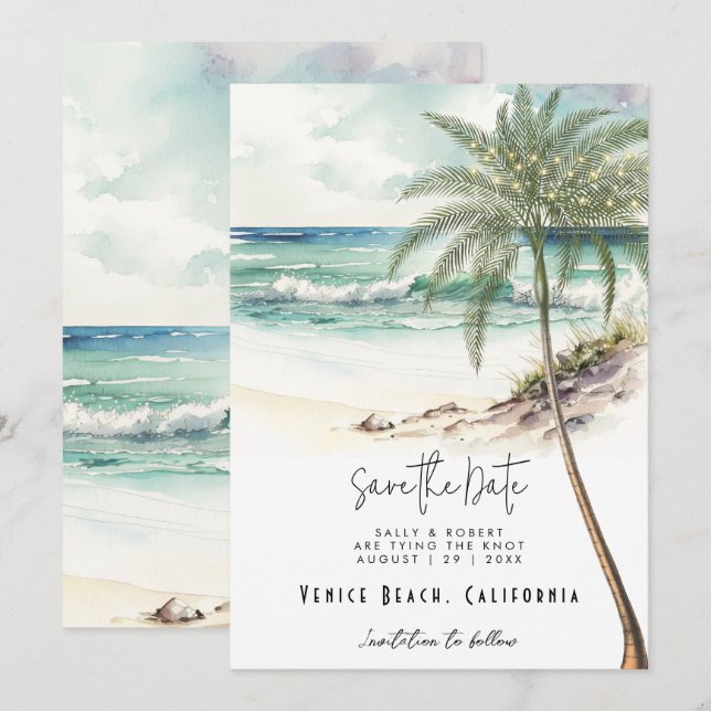 Spara datumkortet på den tropiska stranden handfla tack kort (Fram/baksida)