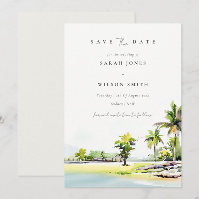 Spara datumkortet vid den tropiska kusten Handflat Tack Kort (Fram/baksida)