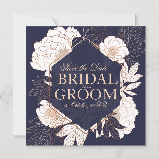 Spara datumkortets blå guld-peony inbjudningar (Framsida)