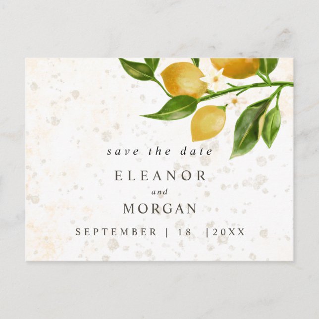 Spara datumlush-citroner, vattenfärg bröllop vykort (Framsida)