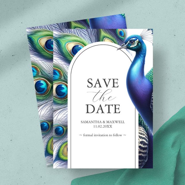 Spara datummeddelanden från Bröllop Datumet (Save the date invitation card features peacock in shades of blue, green and purple)