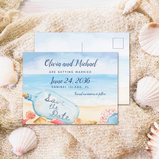 Spara datummeddelandet i Flaska Beach Wedding Meddelande Vykort (Skapare uppladdad)
