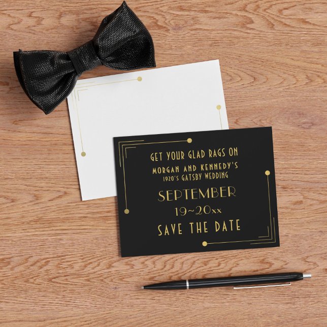 Spara datumprojektionsytan svart och Guld 1920-tal Spara Datumet (A 1920s vintage vibe with this Save the Date. Just add your Gatsby Wedding details)