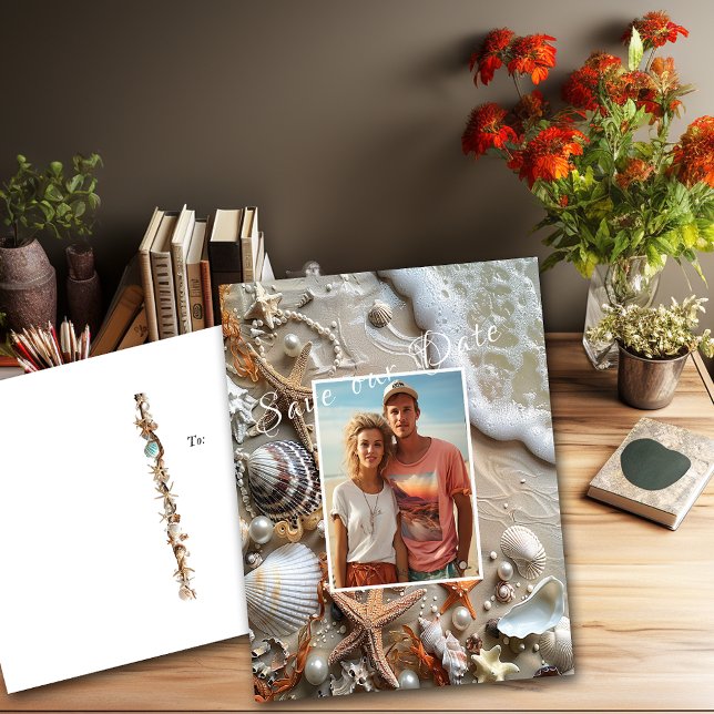 Spara datumskalet för Seashells Pearls Starfish Be Vykort (Save the Date Postcard Beach, Tropical Wedding. )