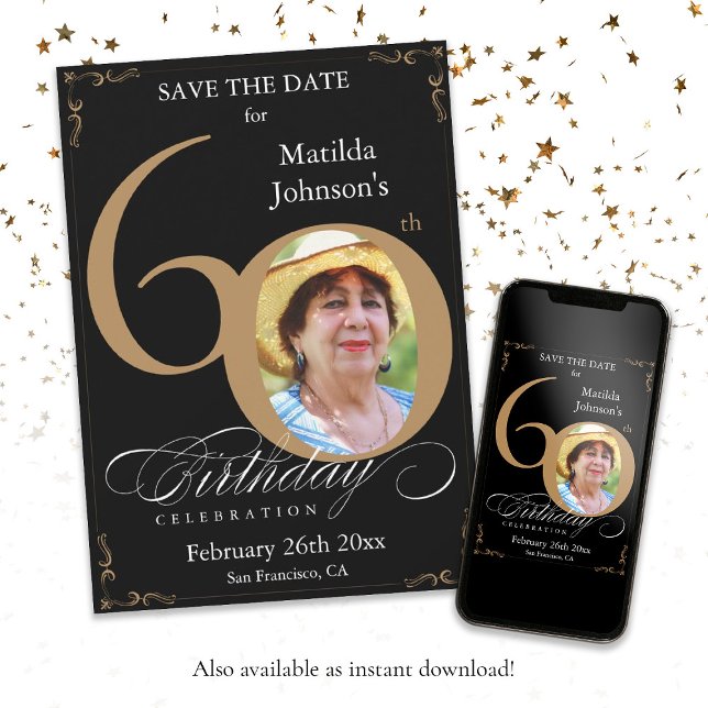 Spara den 60:e födelsedagen Guld och svart Anpassn Inbjudningar (Save The Date 60th Birthday Gold and Black Custom Invitation)