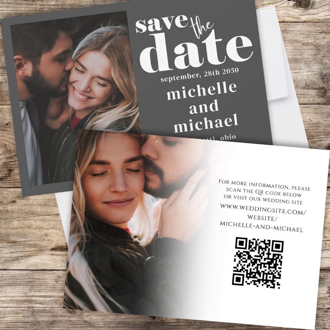 Spara den moderna fotowebbplatsen Bröllop Datumet (Two photo template featuring QR code for URL link placement)