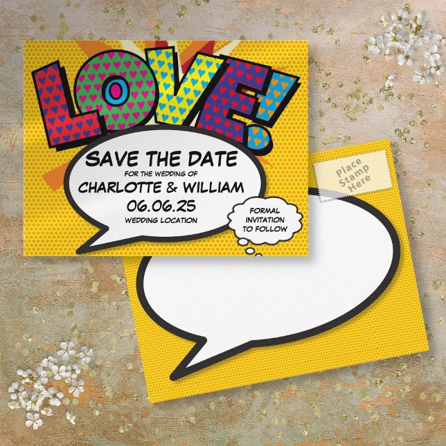 Spara den moderna Roligten Tecknaden Bok Kärlek Meddelande Vykort (Save the Date Modern Fun Comic Book Love Announcement Postcard)