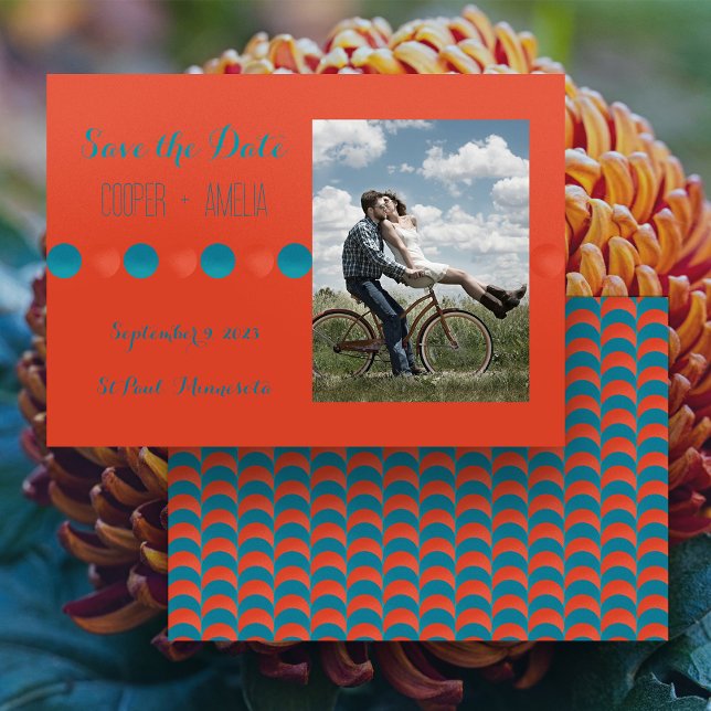 Spara det platta datumkortet med orange och mål spara datumet (Burnt Orange and Teal Save the Date horizontal flat card with your photo)