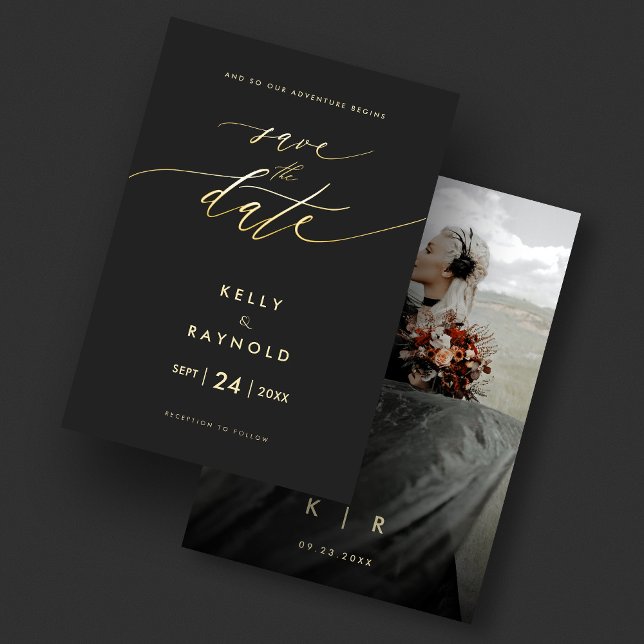 Spara det svarta fotot för Guld i Bröllop Inbjudningar (Minimalist Save The Date Black Gold Wedding Photo Invitation
)
