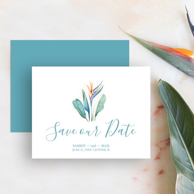 Spara det Tropiska datumet för Bröllop Spara Datumet (Save the date tropical destination wedding watercolor art by Victoria Grigaliunas of Do Tell A Belle)