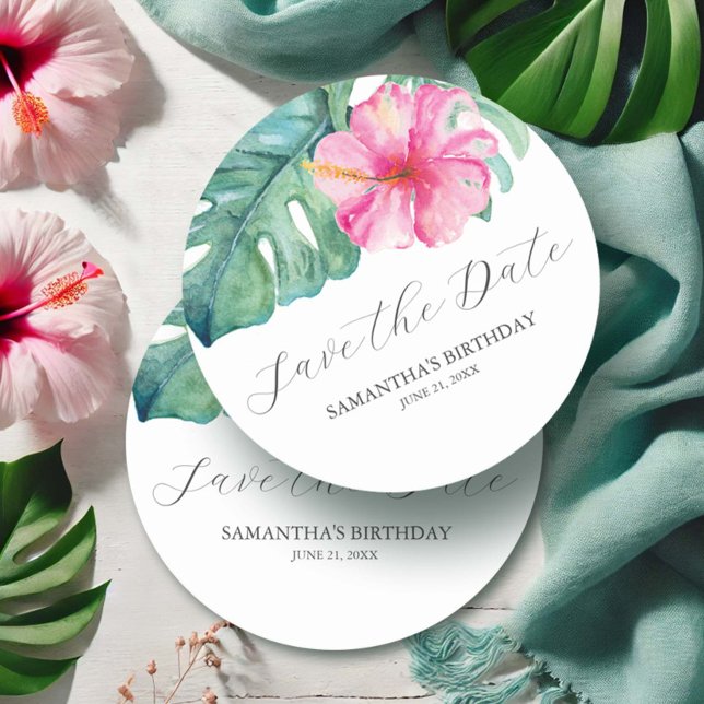 Spara det tropiska datumtemat på födelsedagen underlägg papper rund (Tropical Birthday decor watercolor flowers and palm leaves by Victoria Grigaliunas Do Tell A Belle)