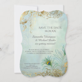 Spara Eleganten Date Guld Löv Peacock Feather Inbjudningar