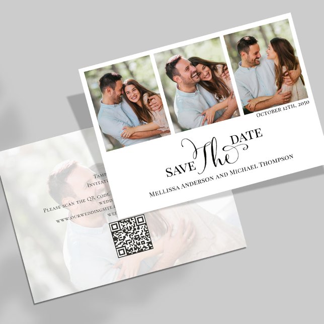 Spara Eleganten Date Photo Script Typography Datumet (Save the date photo card with a 4 photo template. )