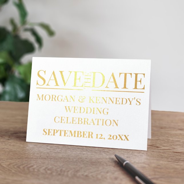 Spara enkelt datumet för Firande-oljekortet Bröllo Folierat Kort (A gold foil Save the Date folded card with space for your wedding details. Congratulations!)
