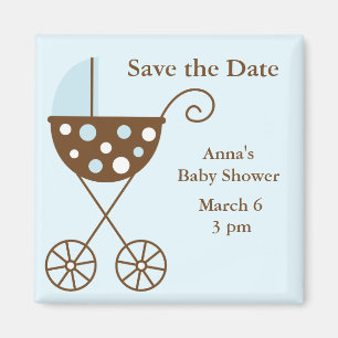 Spara för blåttbarnvagnbaby shower datera magnet