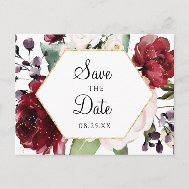 Spara för Burgundy blom- vattenfärgsexhörning Meddelande Vykort (Framsida)