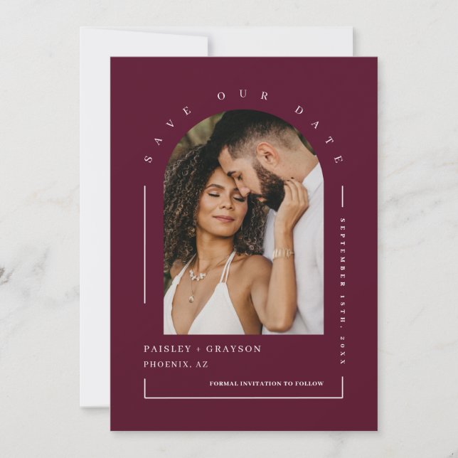 Spara för Burgundy Boho Arch Photo QR-kod vårt dat Inbjudningar (Framsida)