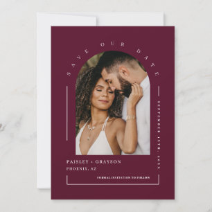 Spara för Burgundy Boho Arch Photo QR-kod vårt dat Inbjudningar