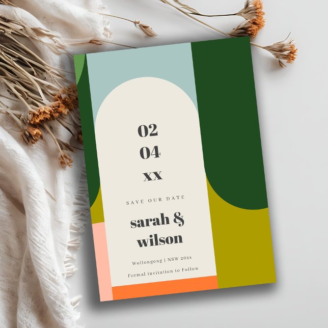 Spara för färgad Groovy Retro Arch-Abstrakt vårt d Inbjudningar (Skapare uppladdad)