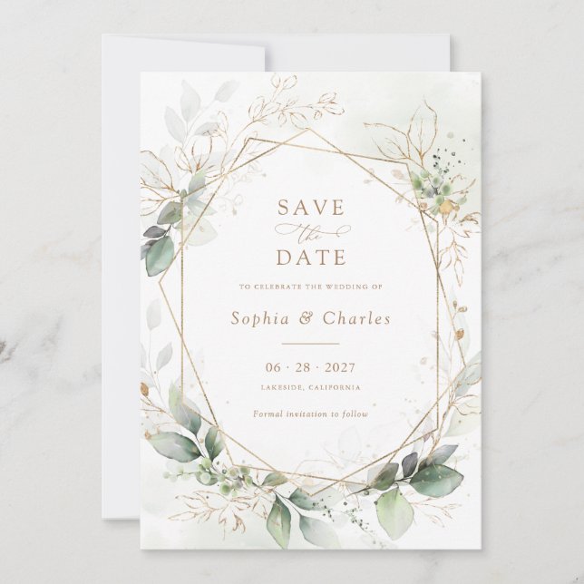 Spara för Grey Guld Lövs Geometric Bröllop Datum Inbjudningar (Framsida)