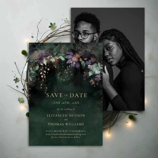 Spara för Grönt av jägare - fotot Bröllop Inbjudningar (enchanted forest wedding save the date hunter green emerald sage lavender photo template elegant)
