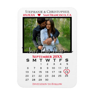 Spara för Red & White Photo Calendar Bröllop Magnet