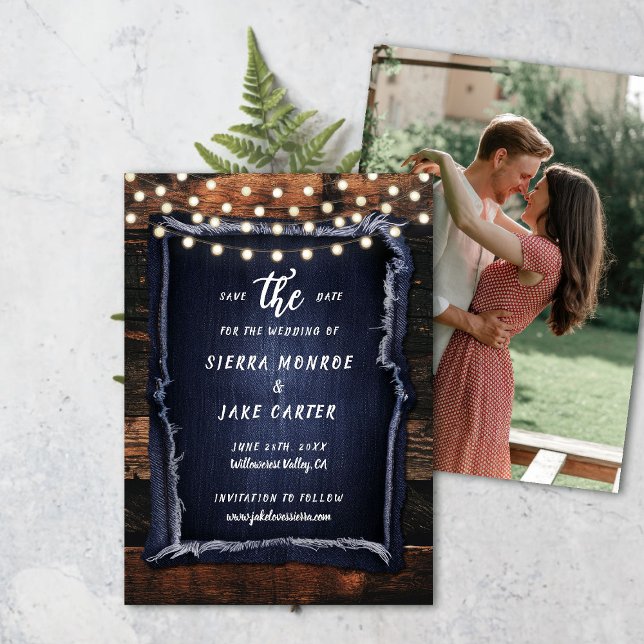 Spara för Rustic Wood Hand-Write Photo Bröllop Inbjudningar (rustic wedding save the date barn wood denim string lights ranch country western hand written)