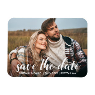 Spara Förlovningen Date Photo Modern Script Magnet