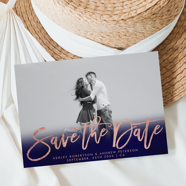 Spara fotot för datafärgen i blått ro guld meddelande vykort (Skapare uppladdad)