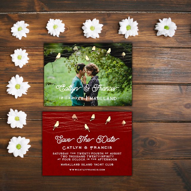 Spara fotot Golden Birds Kraft Digital Red Inbjudningar (Save The Date Photo Golden Birds Kraft Digital Red Invitation)