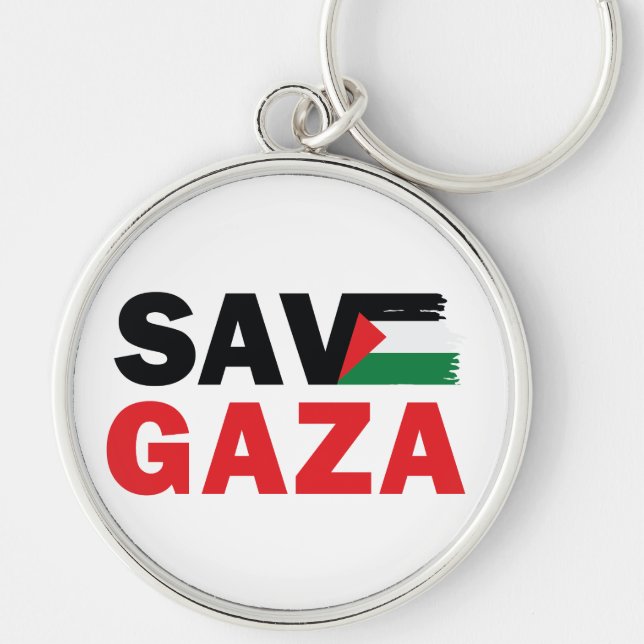 Spara GAZA med Palestinas skräddarsydda knapp för  Rund Silverfärgad Nyckelring (Framsidan)