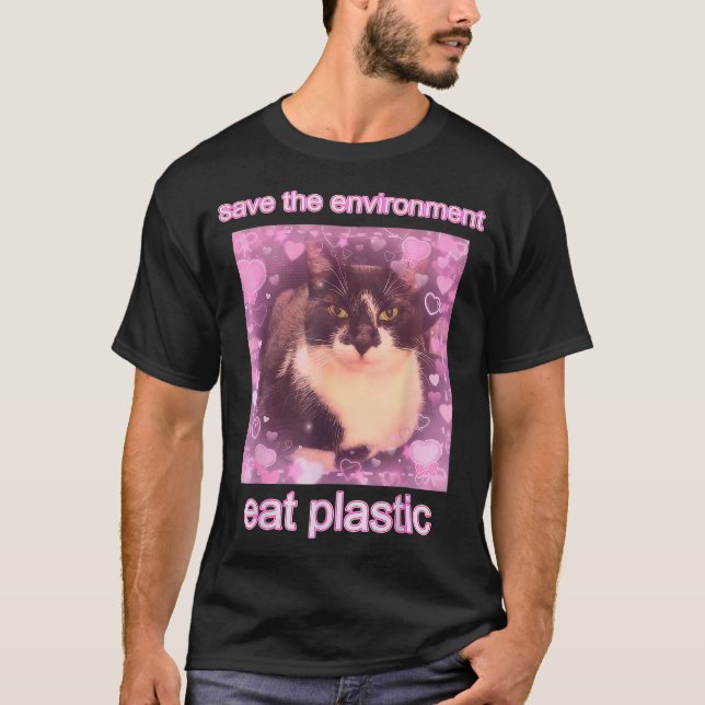Spara Miljö Ät Plast Katt Meme T Shirt (Framsida)