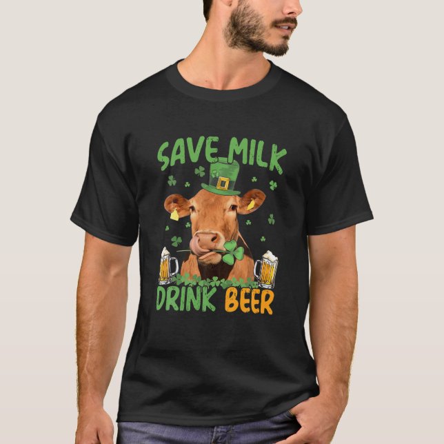 Spara Mjölk dryck öl - Kö med Beer Patrick dag T Shirt (Framsida)