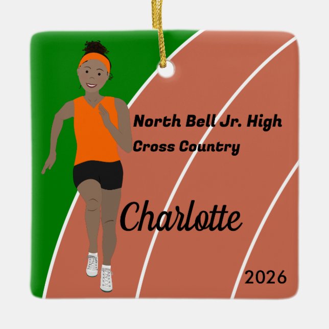 Spåra och Fält Girl Black Hair i Orange Julgransprydnad Keramik (Framsida)