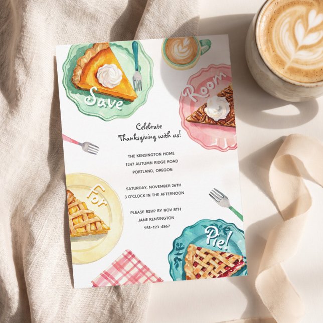 Spara plats för pajen - rolig Thanksgiving-festmid Inbjudningar (Hand Drawn Save Room For Pie Thanksgiving Dinner Invitation)
