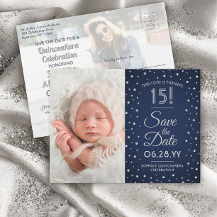 Spara sedan datum blått i & Now Photos Quinceañera Inbjudan Vykort