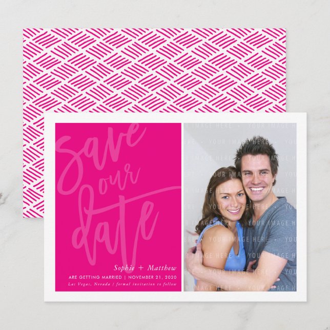 SPARA shock rosa DATE-fotohandskript Inbjudningar (Fram/baksida)