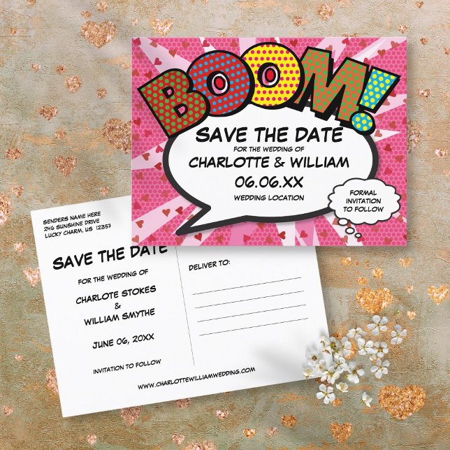 Spara Tecknaden Bok BOOM Modern Rosa-Roligten Meddelande Vykort (Save the Date Comic Book BOOM Modern Pink Fun Announcement Postcard)