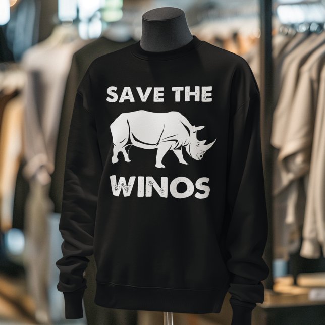 "Spara the Winos" Funny Vin Älskare Rhino T Shirt (Black sweatshirt with "Save the Winos" and a rhino graphic displayed on a mannequin in a clothing bo)