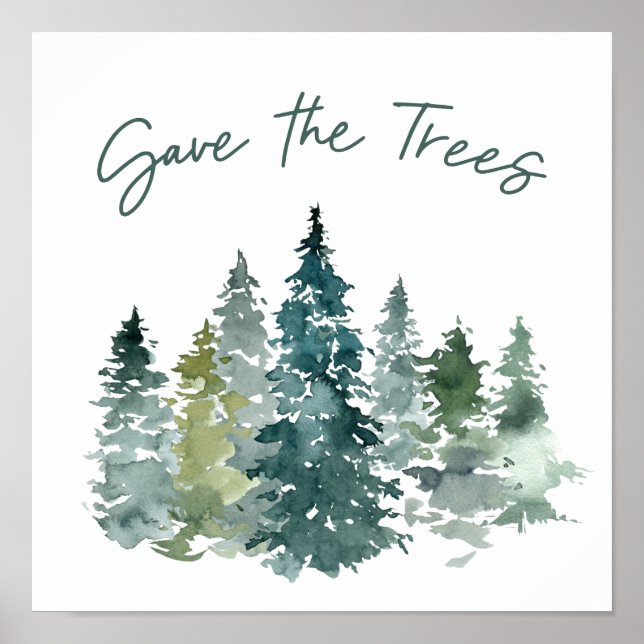 Spara Träd Grönt Watercolor Forest Poster (Framsidan)