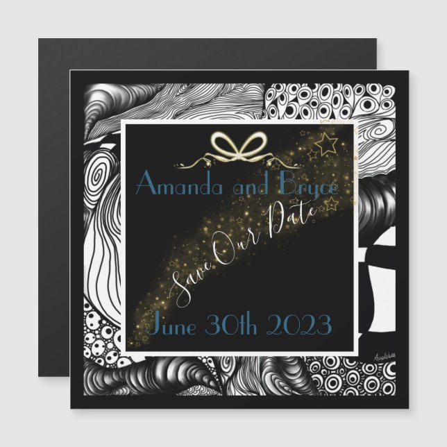 Spara vår date abstrakt black and white artistic magnetisk inbjudningskort (Fram/baksida)