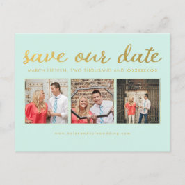 Spara vår Date Mint Guld Typography Photo Postcard Meddelande Vykort