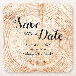 Spara vår date Wood grain Bröllop Rustic Underlägg Papper Kvadrat