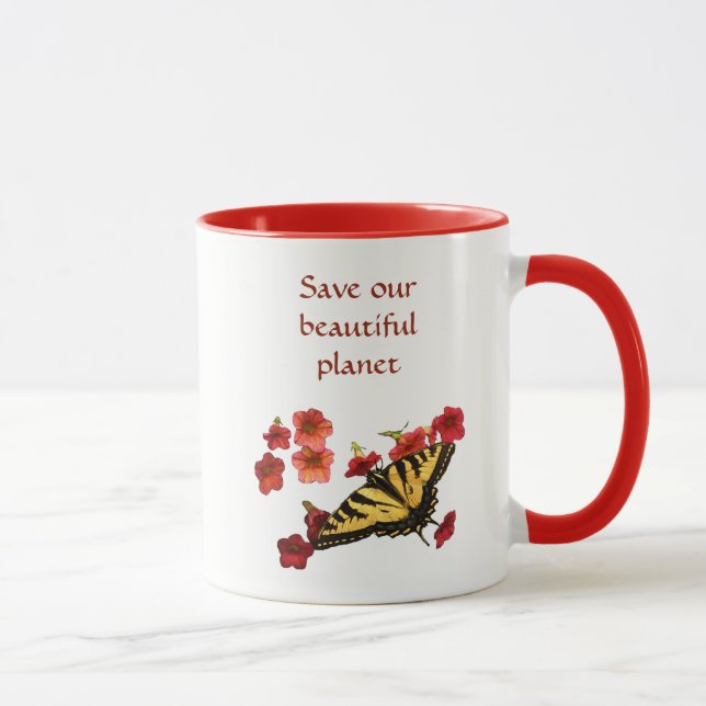 Spara vår planets Gult Butterfly Red Flowers Mugg (Höger)