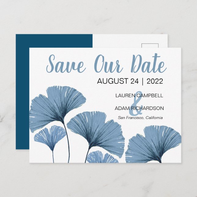 Spara vårt datum Blue & White Bröllop Meddelande Vykort (Fram/baksida)