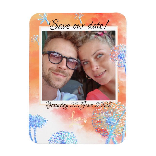 Spara vårt datum Dandelion- och vattenfärgsmoln Magnet (Vertikal)