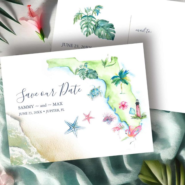 Spara vykortet Date Destinationslasbröllop Florida Vykort (save the date postcards features Florida map destination wedding art by Victoria Grigaliunas)