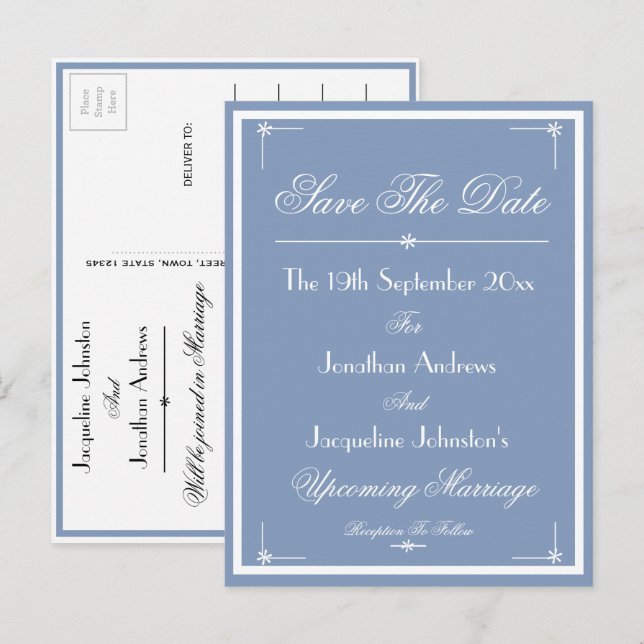 Spara vykortet Dusty Blue Announcement för datum Inbjudan Vykort (Fram/baksida)