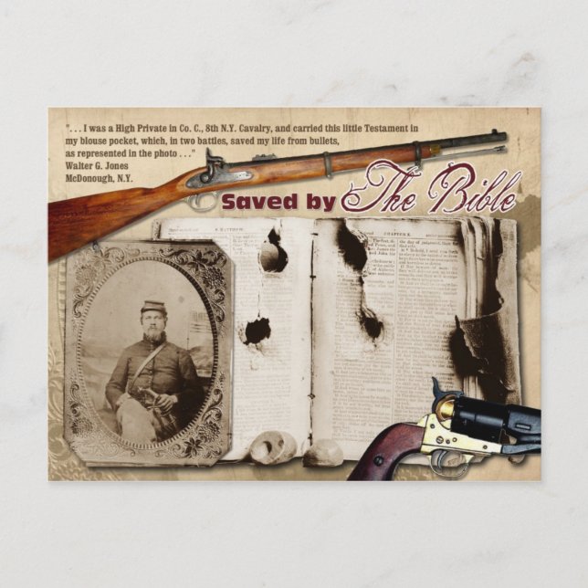 Sparad av bibeln! vykort (Framsida)