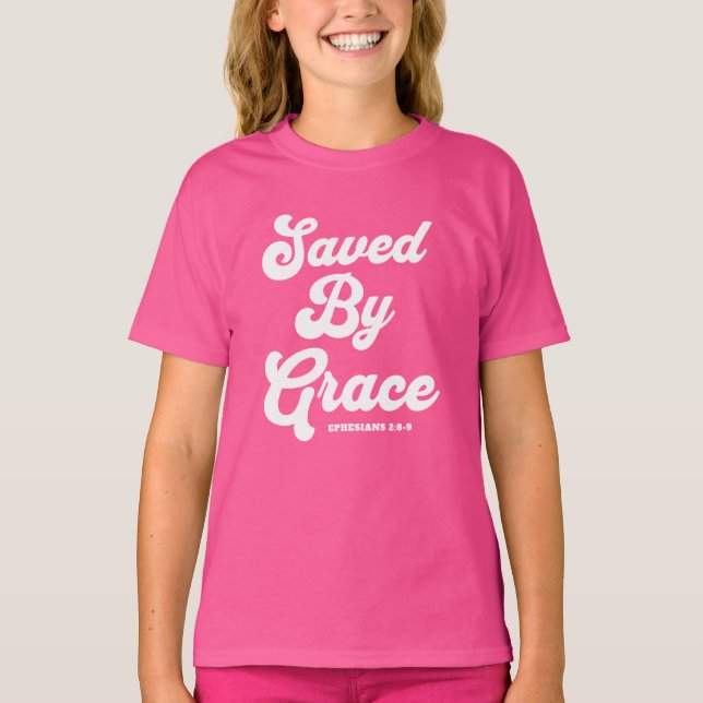 Sparad av Grace Ephesian 2:8-9 Basic-Mörk T Shirt (Framsida)